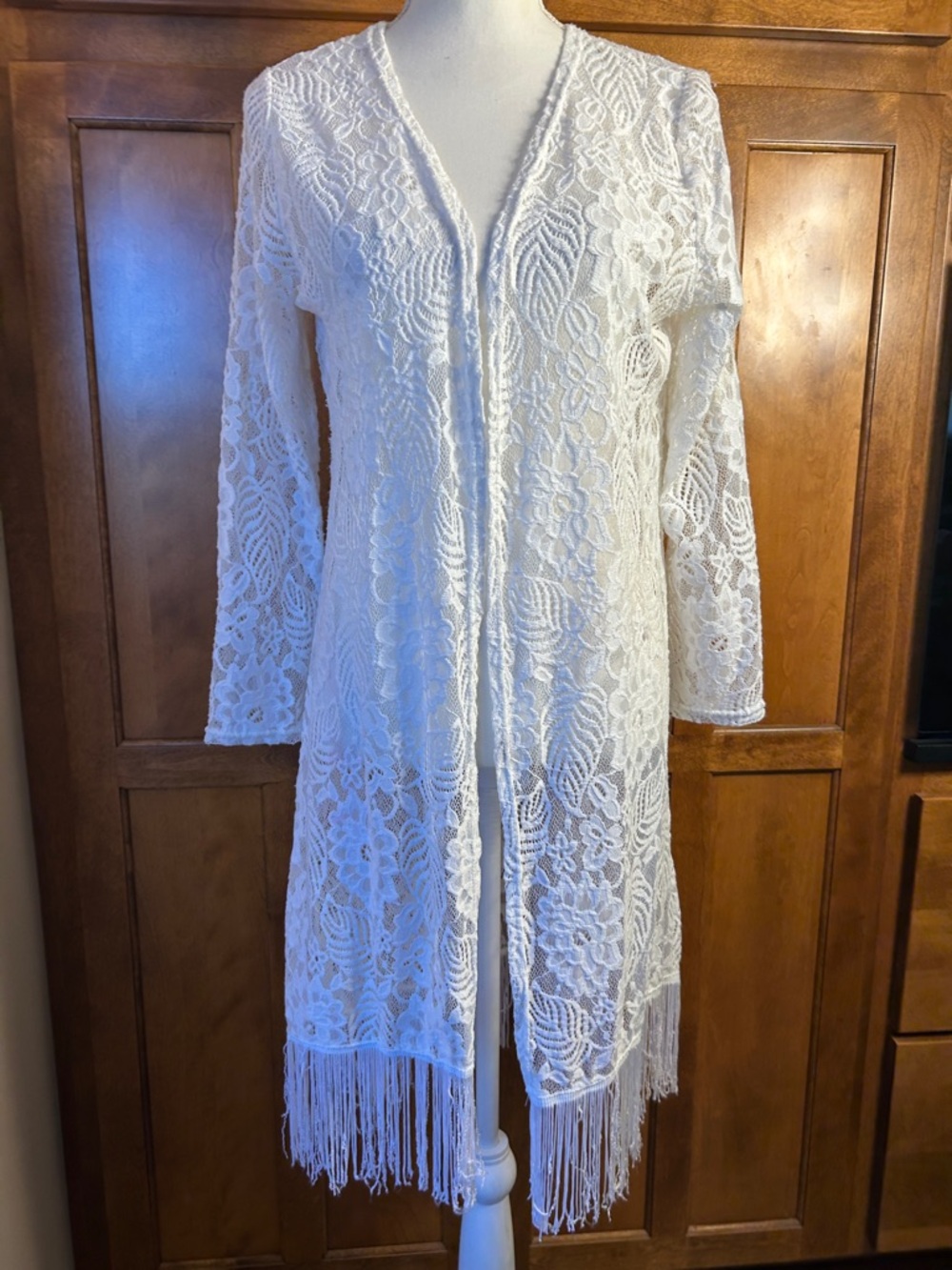 Questions Womens Lace Long Sleeve Open Front Cardigan-Fringe. Boho. Cottagecore
